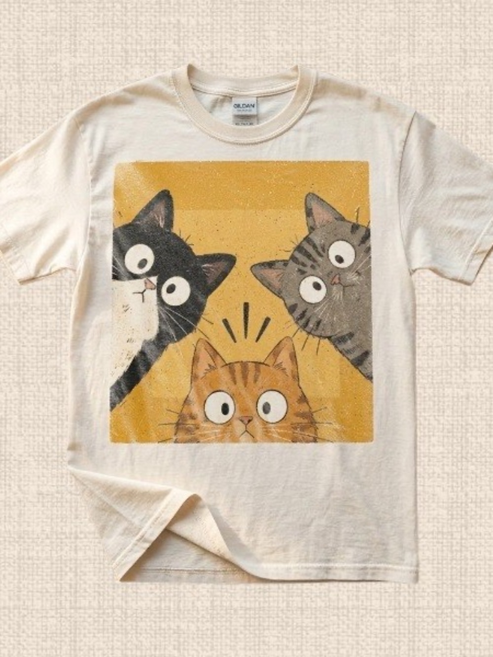 Gildan Cream Tee with Vintage Funny Curious Cats